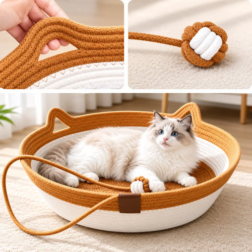 Cotton Rope Cat Basket Bed with Scratching Surface & Hanging Ball Toy