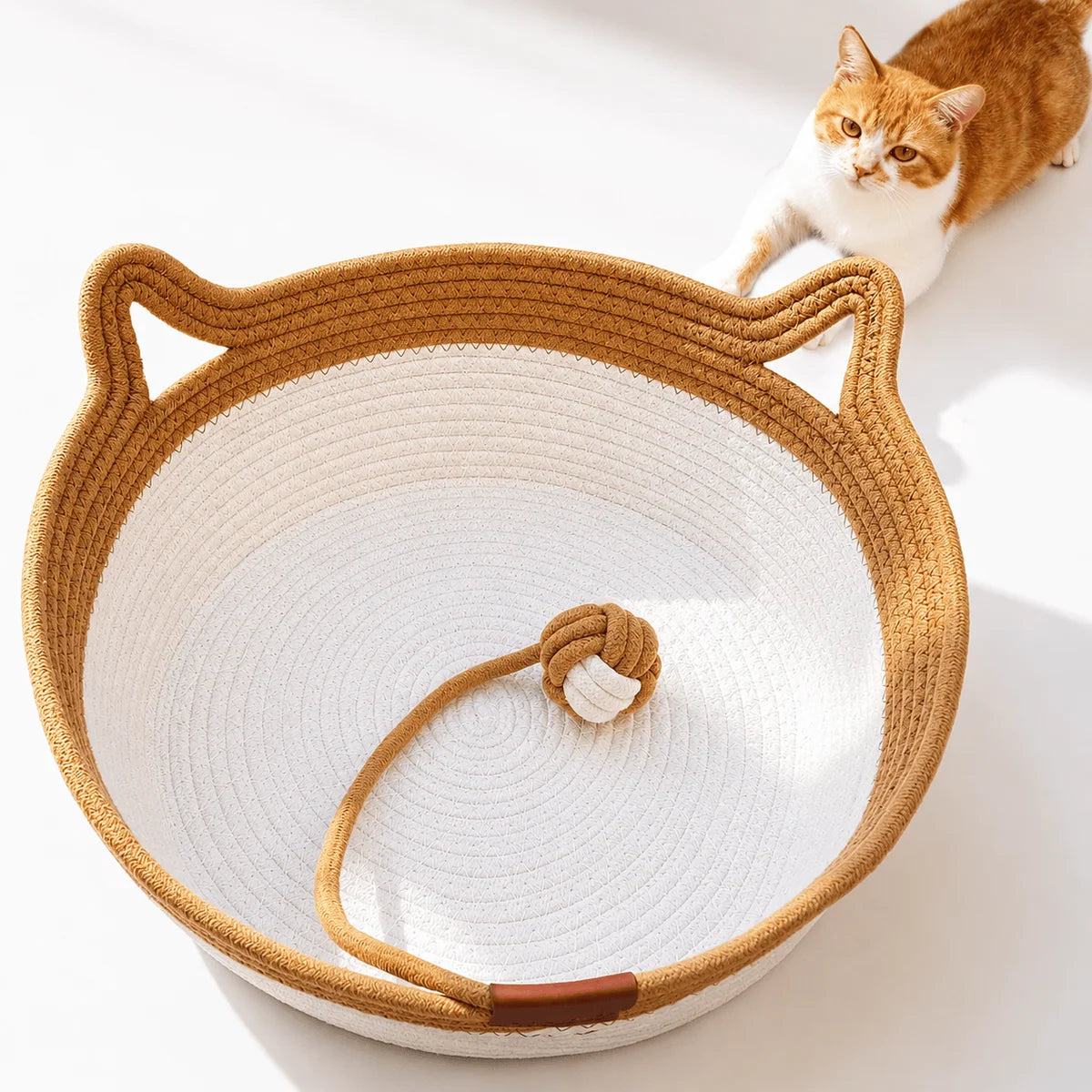 Cotton Rope Cat Basket Bed with Scratching Surface & Hanging Ball Toy